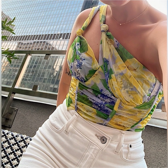 Zara Tops - Zara Mesh Crop Floral Knot-Shoulder Corset Top in Yellow & Green top